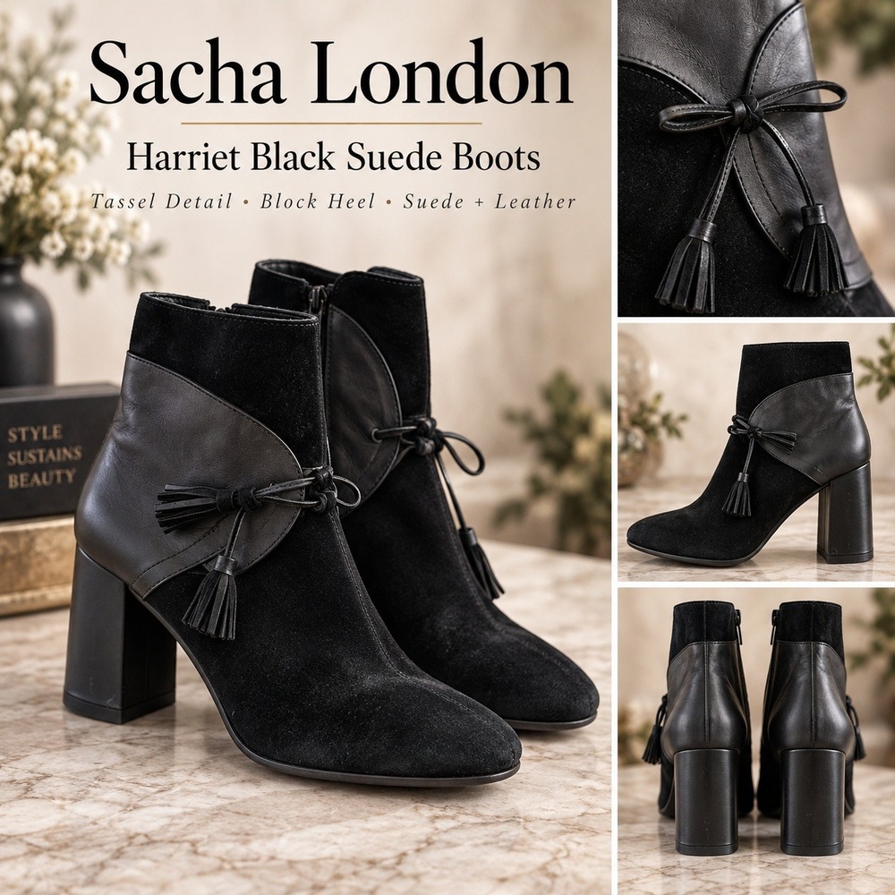 Sacha London Harriet Black Suede Ankle Boots Tassel Boho 70s Block Heel